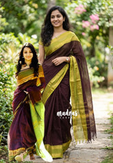 Coffee Brown - Karthigai silk cotton plain saree with Rettapetta Border - VTV Trisha inspired