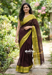 Coffee Brown - Karthigai silk cotton plain saree with Rettapetta Border - VTV Trisha inspired