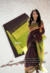Wine Brown - Karthigai silk cotton plain saree with Rettapetta Border - VTV Trisha inspired
