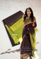Wine Brown - Karthigai silk cotton plain saree with Rettapetta Border - VTV Trisha inspired