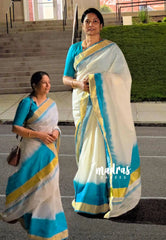 Breezy blue - Gradient Hand-Painted South Cotton Saree with raw silk blouse - vtv Trisha inspired