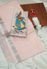 Melon peach - Fancy Cotton Saree with indian tribal woman embroidery Blouse