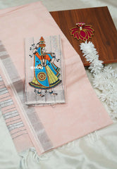 Melon peach - Fancy Cotton Saree with indian tribal woman embroidery Blouse