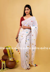 Soft Mul cotton with embroidery flowers - Pure white