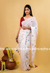 Soft Mul cotton with embroidery flowers - Pure white