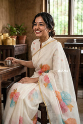 Ivory White - Linen Cotton Saree with Floral Prints - Best for Office Wear | Casual Wear