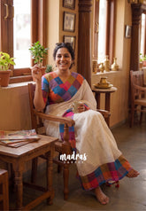 Ivory White - Pragathi - Linen Cotton Saree Plain with Checks Border and Blouse - Perfect for Office Wear | Summer wear | Casual Wear
