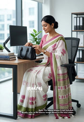Snow White - Soft linen cotton with Divine Lotus Prints - Perfect for Office Wear | Corporate wear