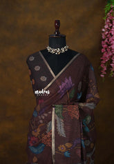 Coffee Brown - Jasmine - Fancy Jute Cotton with Kalamkari Prints - Perfect for Office Wear