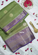 Chutney Green - Durga - Banarasi Premium Viscose Silk with Micro Zari Checks and Temple Sculpture Rich Border - Best for Pooja Functions | Diwali Festive