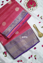 Reddish Pink - Durga - Banarasi Premium Viscose Silk with Micro Zari Checks and Temple Sculpture Rich Border - Best for Pooja Functions | Diwali Festive