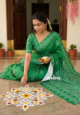 Classic Green - Chithiram - Soft printed Paper Silk Saree with Kolam Prints - Best for Casual Wear