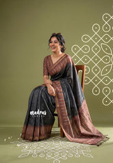 Elephant Black - Yamini Paper Silk with Contrast Pallu and Blouse with Printed Ikkat Buttas - Perfect Office Wear | Casual Wear