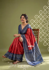 Dark Red - Yamini Paper Silk with Contrast Pallu and Blouse with Printed Ikkat Buttas - Perfect Office Wear | Casual Wear