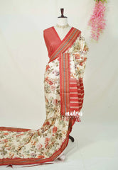 Ivory Beige - Yamini Paper Silk Stripes in Body with Floral Prints - Office Wear | Casual Wear