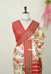 Ivory Beige - Yamini Paper Silk Stripes in Body with Floral Prints - Office Wear | Casual Wear