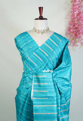 Teal Blue - Yamini Paper Silk Saree with Printed Buttas and Stripes Border - Workwear Classic