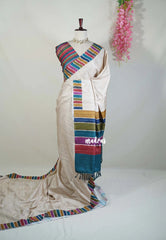 Muted Beige-Stripes - Yamini Paper Silk Saree with Stripes Rainbow Pallu, Border and Blouse - Workwear Classic