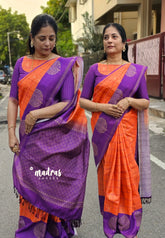 Orange with Purple - Yamini Paper silk with traditional border