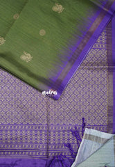 Fresh Olive Green - Yamini Paper Silk Small Border with Printed Peacock Buttas - Perfect Office Wear | Casual Wear