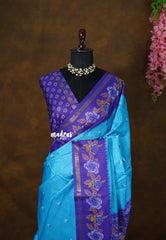 Ananda Blue - Yamini Paper silk with Rose Floral Border - Perfect Office Wear