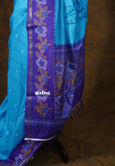 Ananda Blue - Yamini Paper silk with Rose Floral Border - Perfect Office Wear
