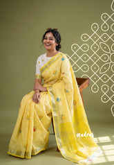 Paris Yellow with White - Linen Cotton Madras Checks with Flower Prints and Mangalgiri Border - Best for Small Functions