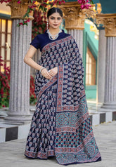 Deep blue floral buttas - Zara Malgudi Fusion printed silk