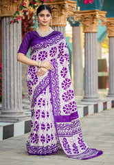 Halfwhite purple flower - Zara Malgudi Fusion printed silk