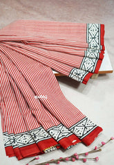 White with Red - Zara Malgudi printed silk with Stripes