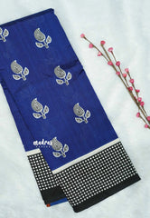 Royal blue with checks border - Zara Malgudi Fusion printed silk