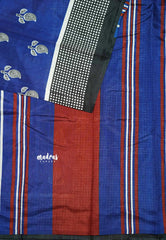 Royal blue with checks border - Zara Malgudi Fusion printed silk