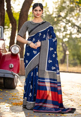 Royal blue with checks border - Zara Malgudi Fusion printed silk