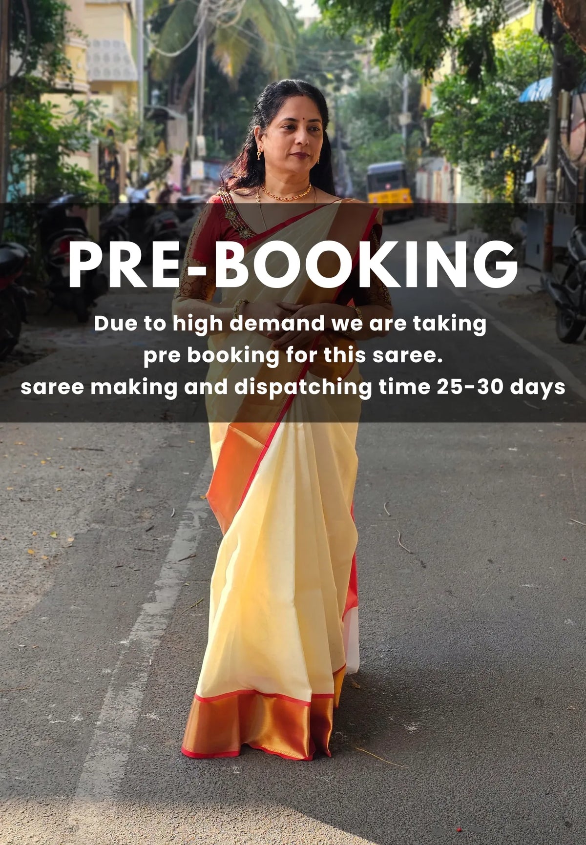 (PRE-BOOKING) Ivory Cream - Sri Lakshmi - Premium Semi silk with floral emboss weaving body getti border - Best for Weddings