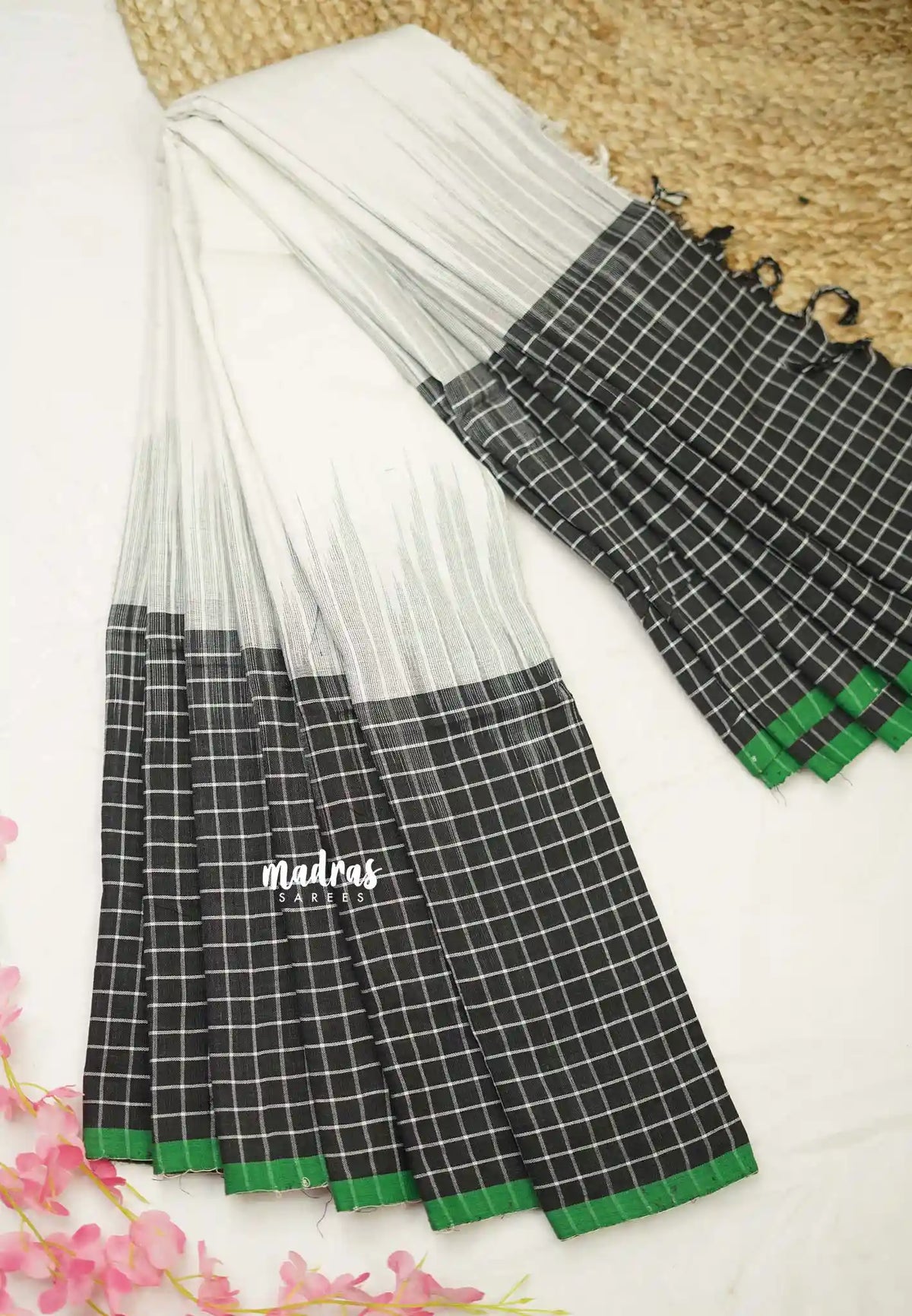 Thaara - 100 count Big border khadi with Ikkat checks border - White with black