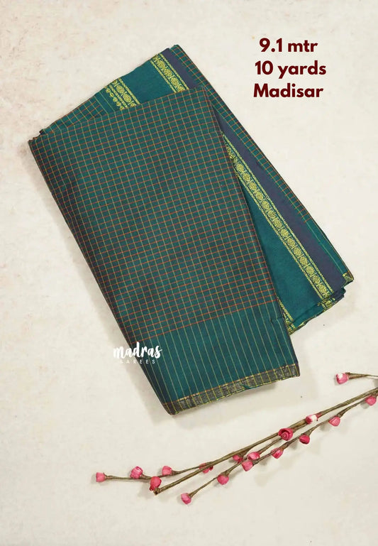 Dualshade Green - 10 yards Gadwal silkcotton Madisar saree