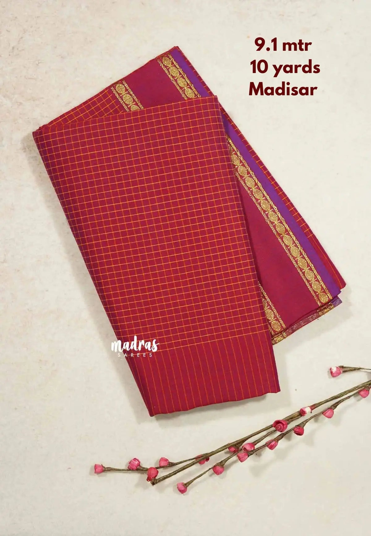 Dualshade red with purple - 10 yards Gadwal silkcotton Madisar saree
