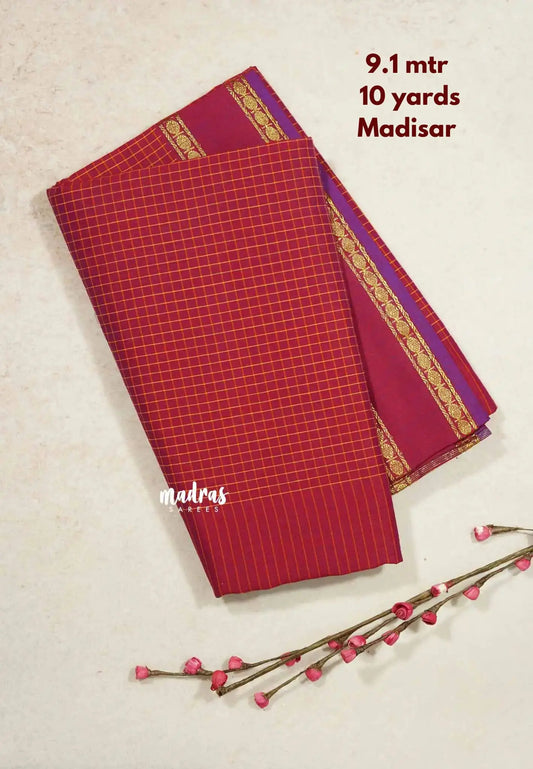 Dualshade red with purple - 10 yards Gadwal silkcotton Madisar saree