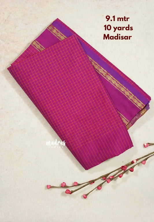 Magenta pink - 10 yards Gadwal silkcotton Madisar saree