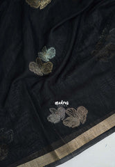 Jet Black - 120 Count Premium Linen Saree with Tissue Border - Perfect for Office Wear