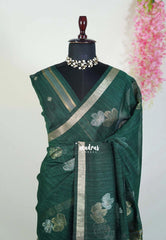 Dark Green - 120 Count Premium Linen Saree with Tissue Border - Perfect for Office Wear