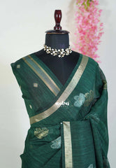 Dark Green - 120 Count Premium Linen Saree with Tissue Border - Perfect for Office Wear