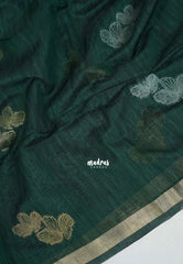 Dark Green - 120 Count Premium Linen Saree with Tissue Border - Perfect for Office Wear