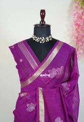 Magenta Purple - 120 Count Premium Linen Saree with Tissue Border - Perfect for Office Wear
