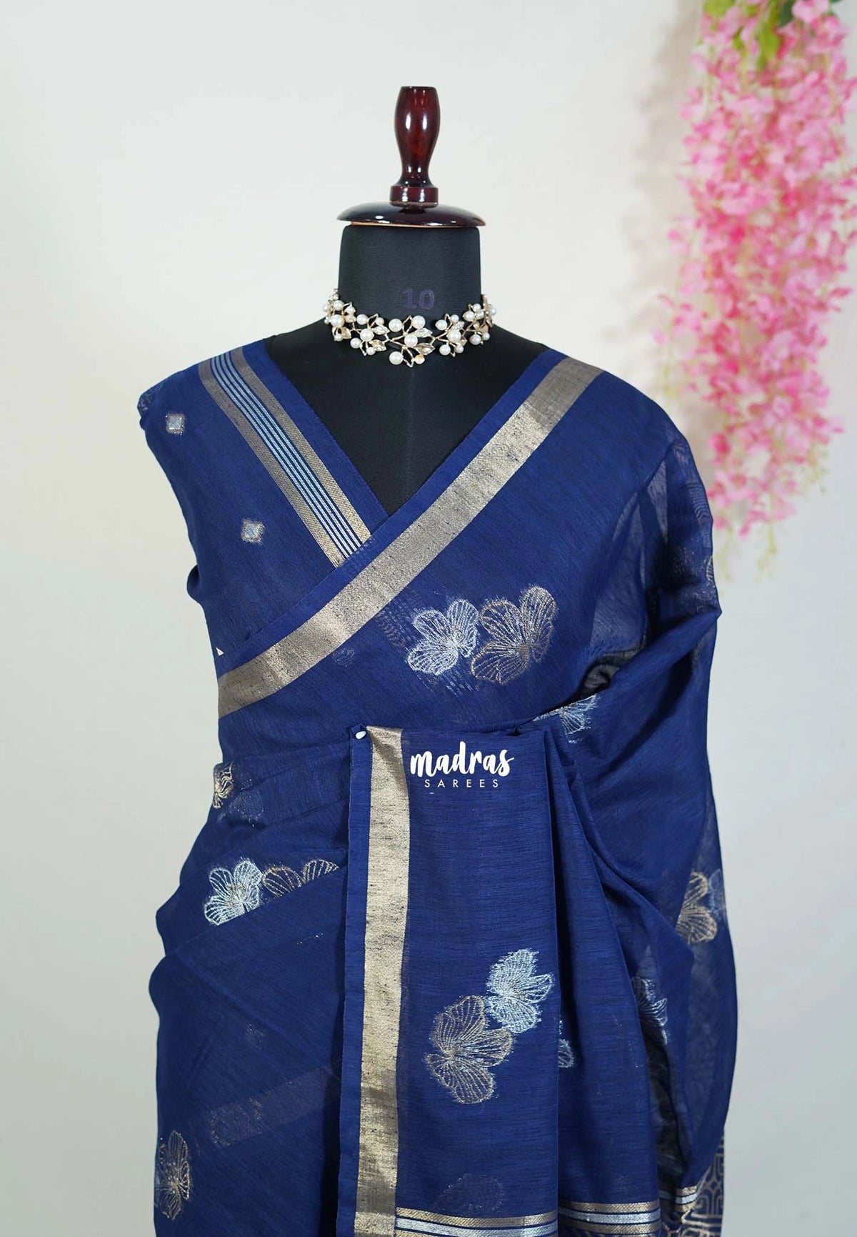 Navy Blue - 120 Count Premium Linen Saree with Tissue Border - Perfect for Office Wear