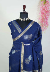Navy Blue - 120 Count Premium Linen Saree with Tissue Border - Perfect for Office Wear