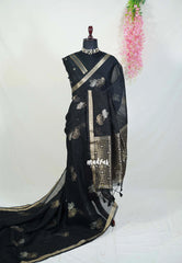 Jet Black - 120 Count Premium Linen Saree with Tissue Border - Perfect for Office Wear