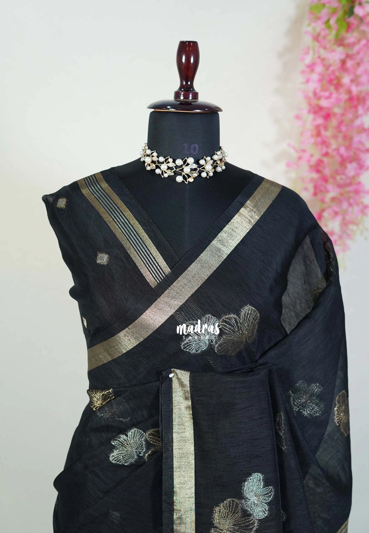 Jet Black - 120 Count Premium Linen Saree with Tissue Border - Perfect for Office Wear