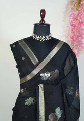 Jet Black - 120 Count Premium Linen Saree with Tissue Border - Perfect for Office Wear