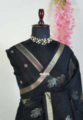 Jet Black - 120 Count Premium Linen Saree with Tissue Border - Perfect for Office Wear